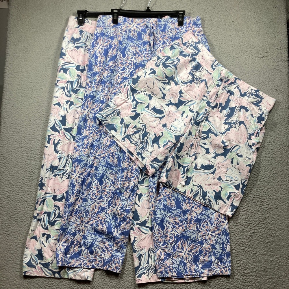 Jockey Pajama Set Women 1X Blue Pink Floral Butterfly Cotton Pants Shorts 3pc